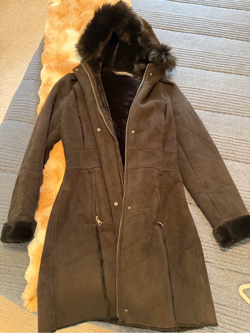 Marc New York Black Faux-Fur Trim Hooded Trench Coat